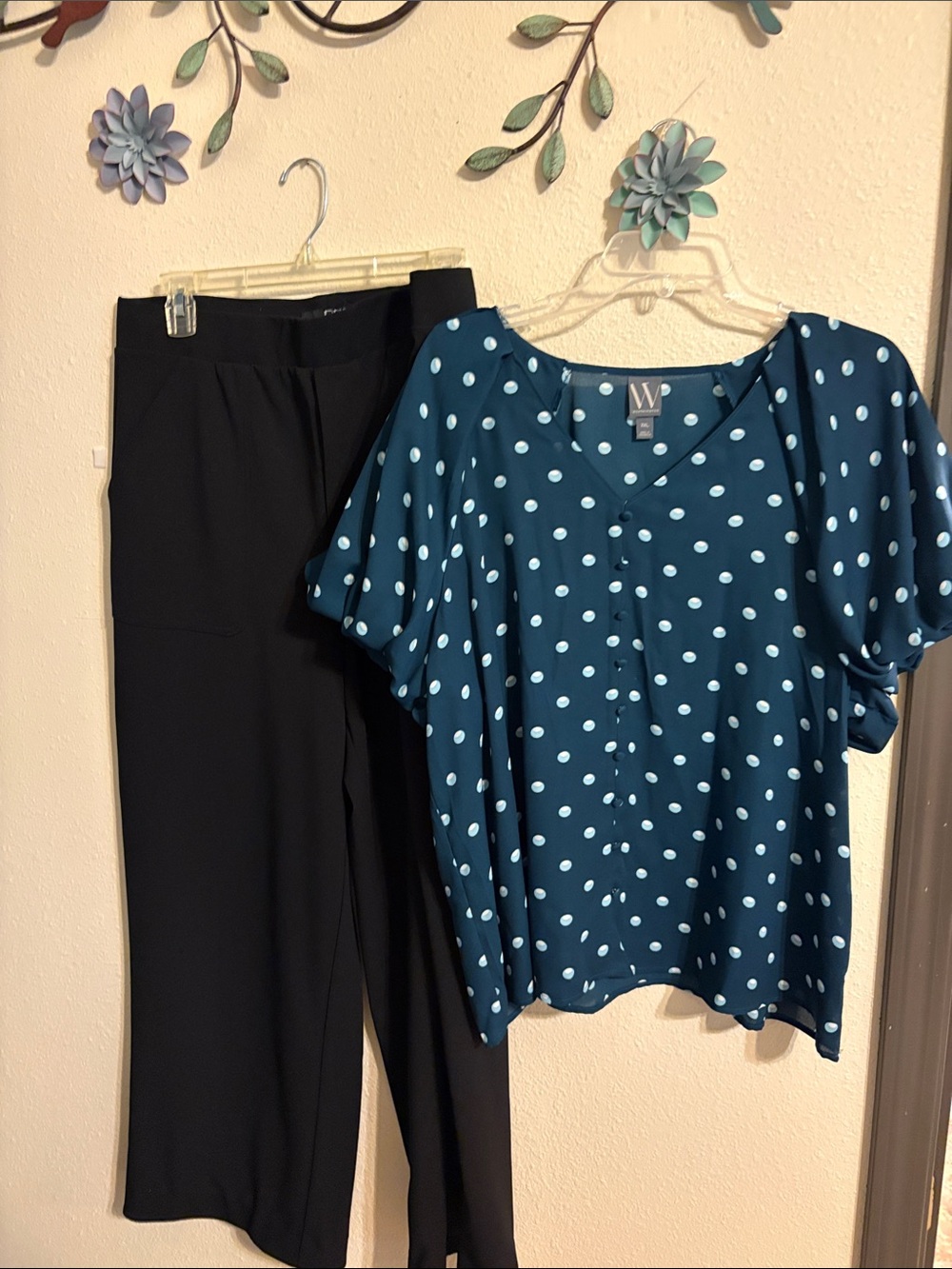 W by Worth Teal Polka Dot Blouse with Black Trousers